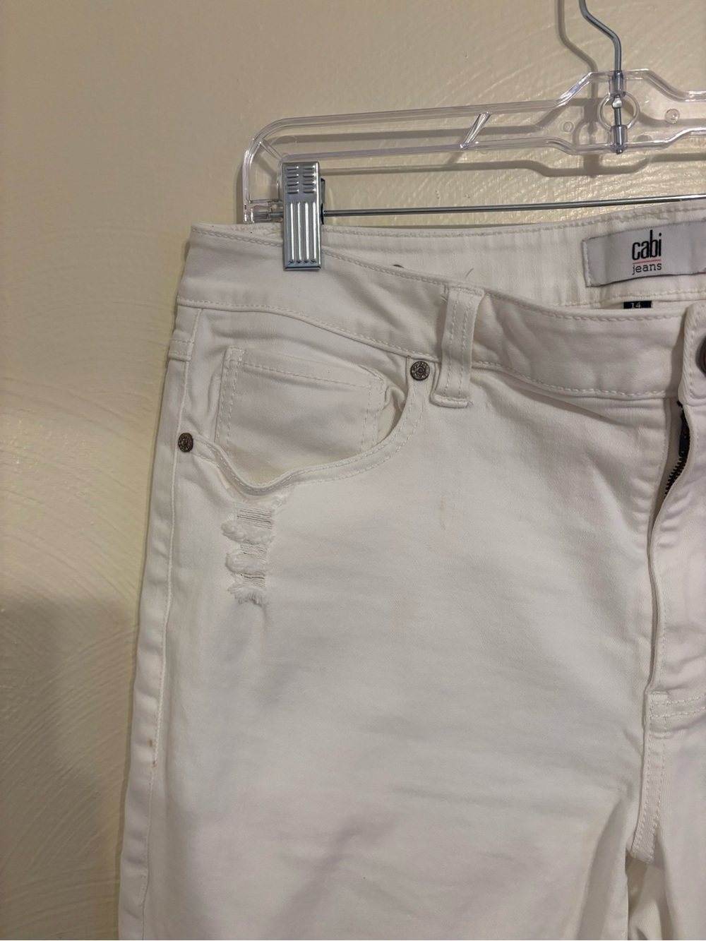 CAbi Jeans High Slim White Distressed Jeans Size 14 - Picture 7 of 9